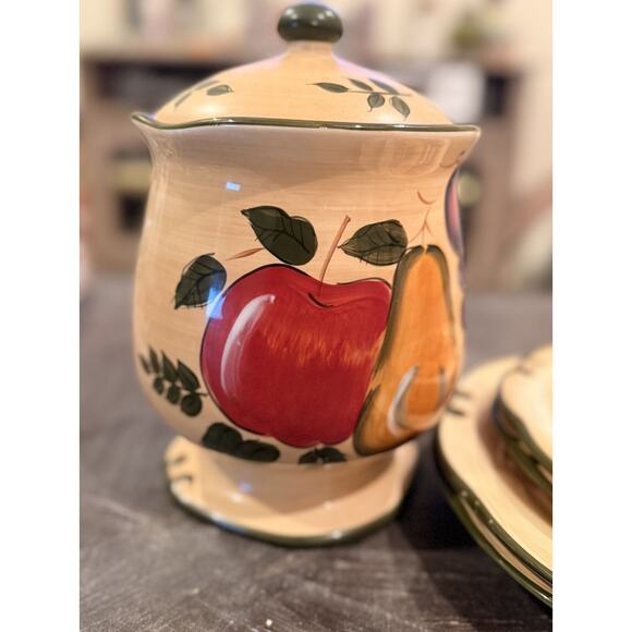 Home Trends Fruit Harvest 5 Pc Set Plates & Cookie Jar Hand Painted Stoneware - Picture 3 of 16